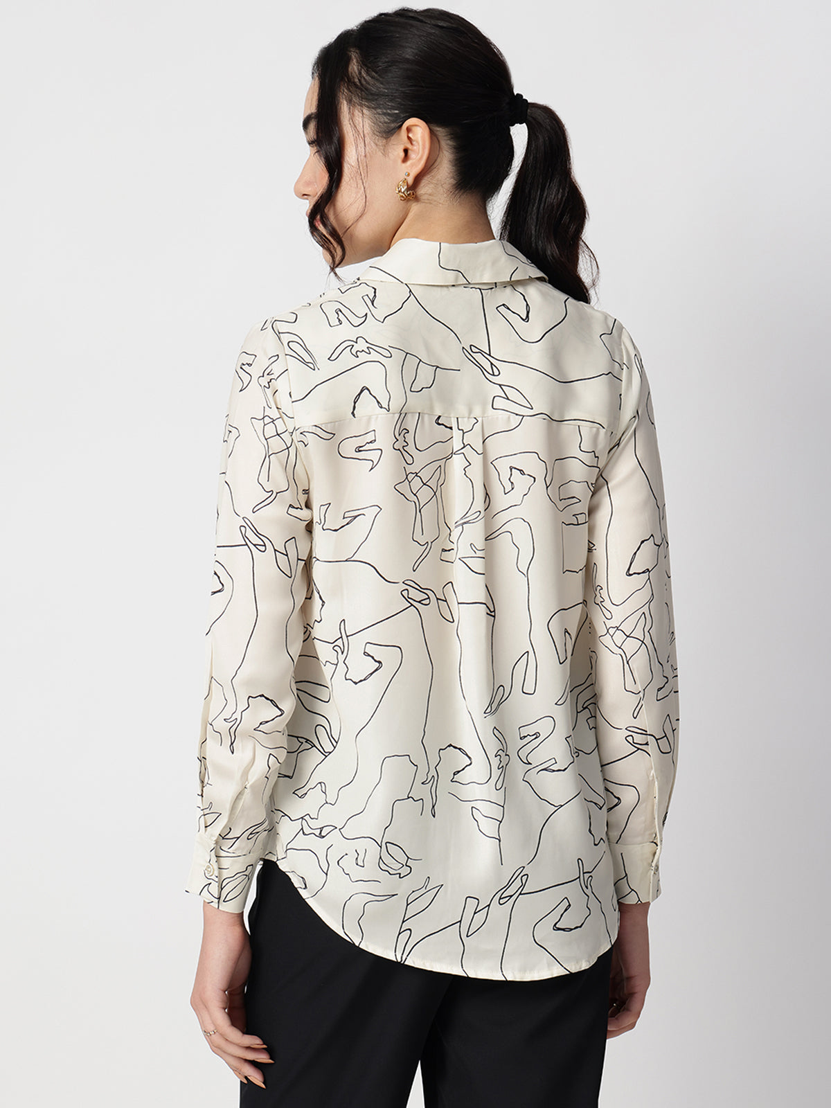 Abstract Beige Satin Spread Collar Shirt