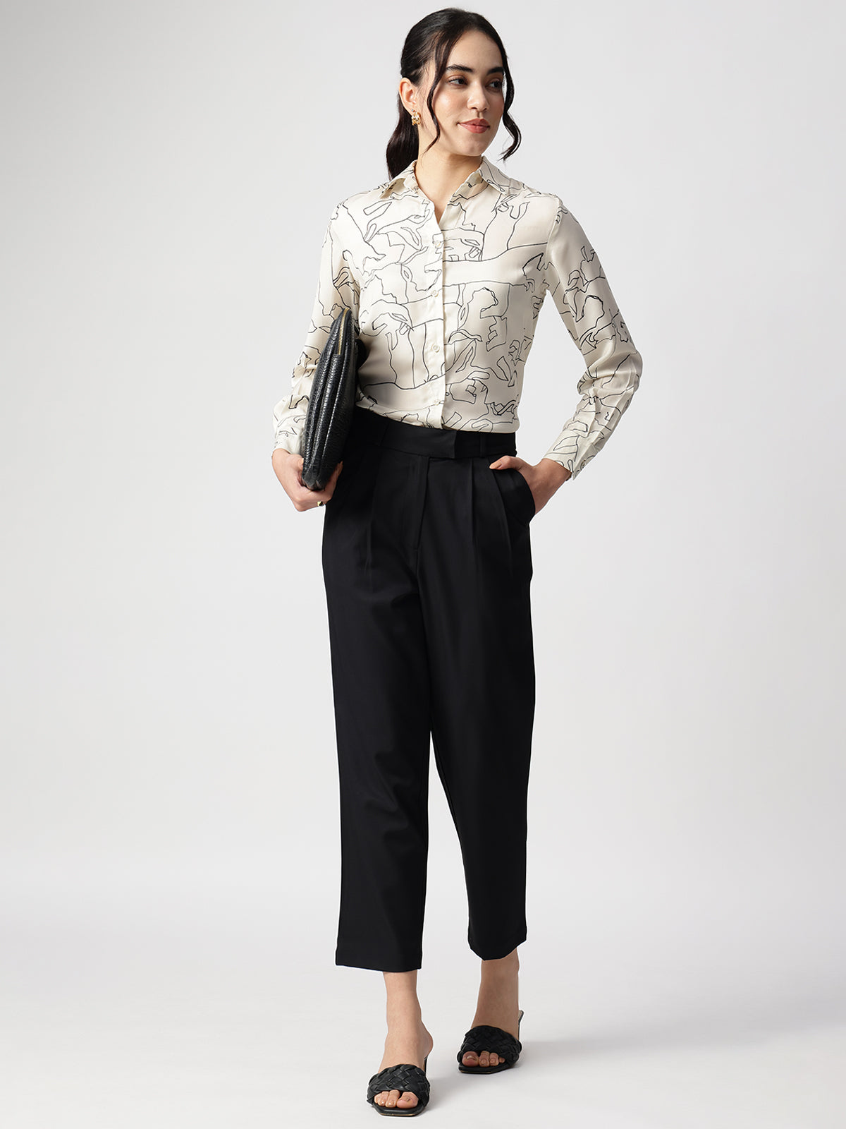 Abstract Beige Satin Spread Collar Shirt