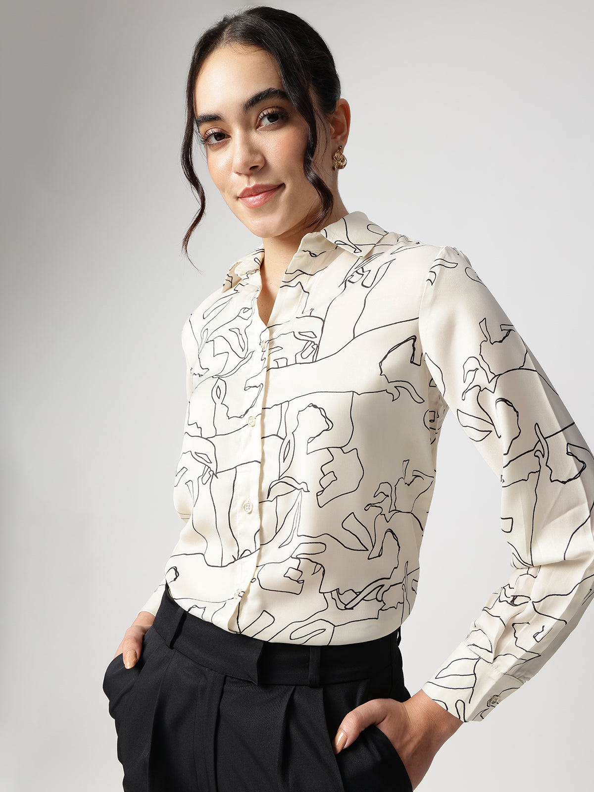 Abstract Beige Satin Spread Collar Shirt