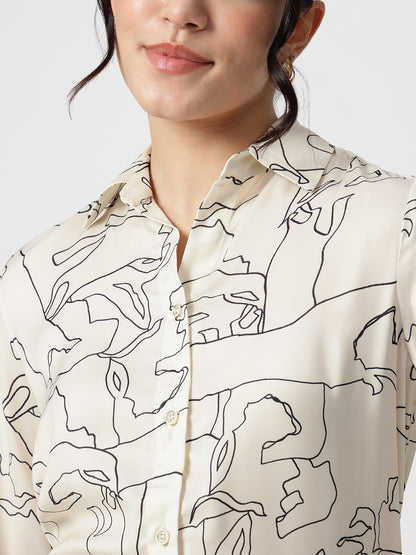 Abstract Beige Satin Spread Collar Shirt