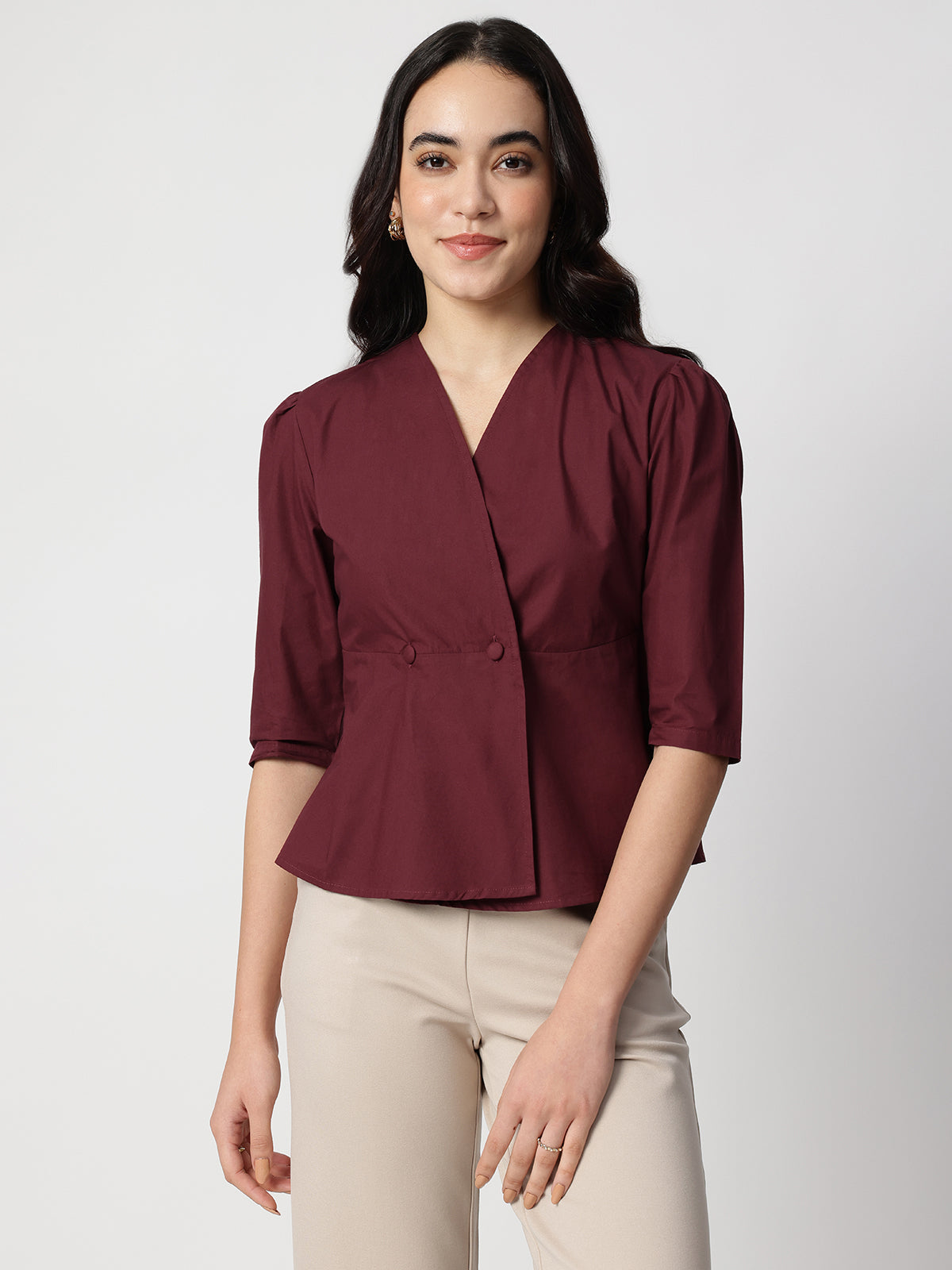 Maroon Cotton Collarless Shirt