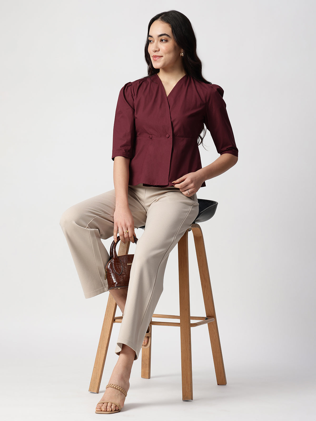 Maroon Cotton Collarless Shirt