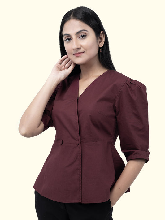 Maroon Cotton Collarless Shirt