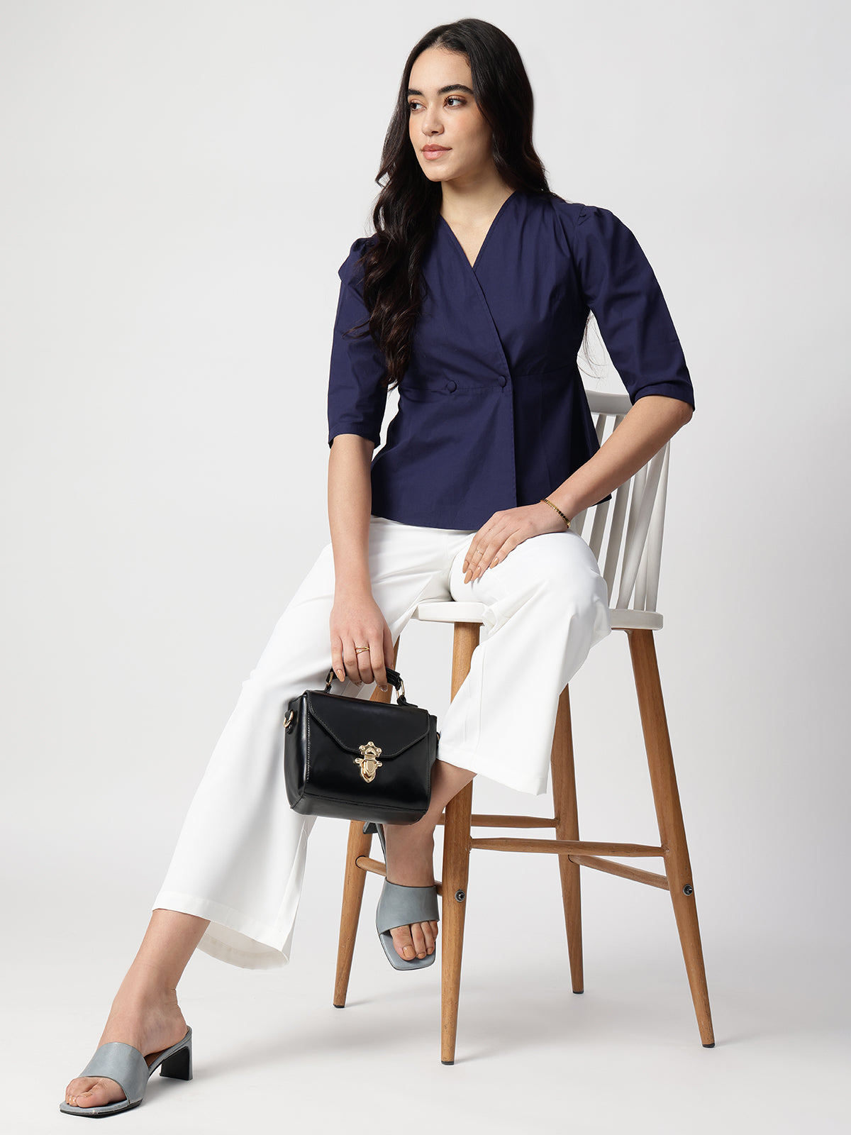 Navy Blue Cotton Collarless Shirt
