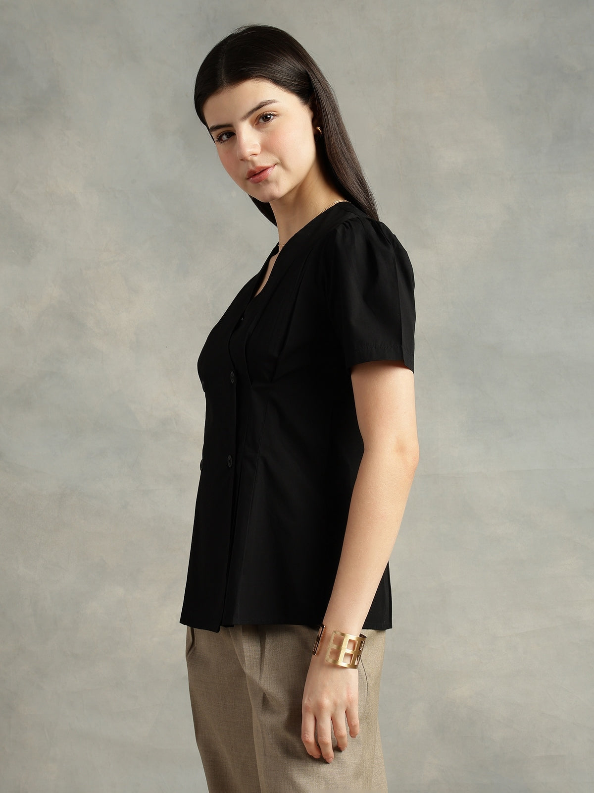 Black Cotton Collarless Short Sleeves Shirt
