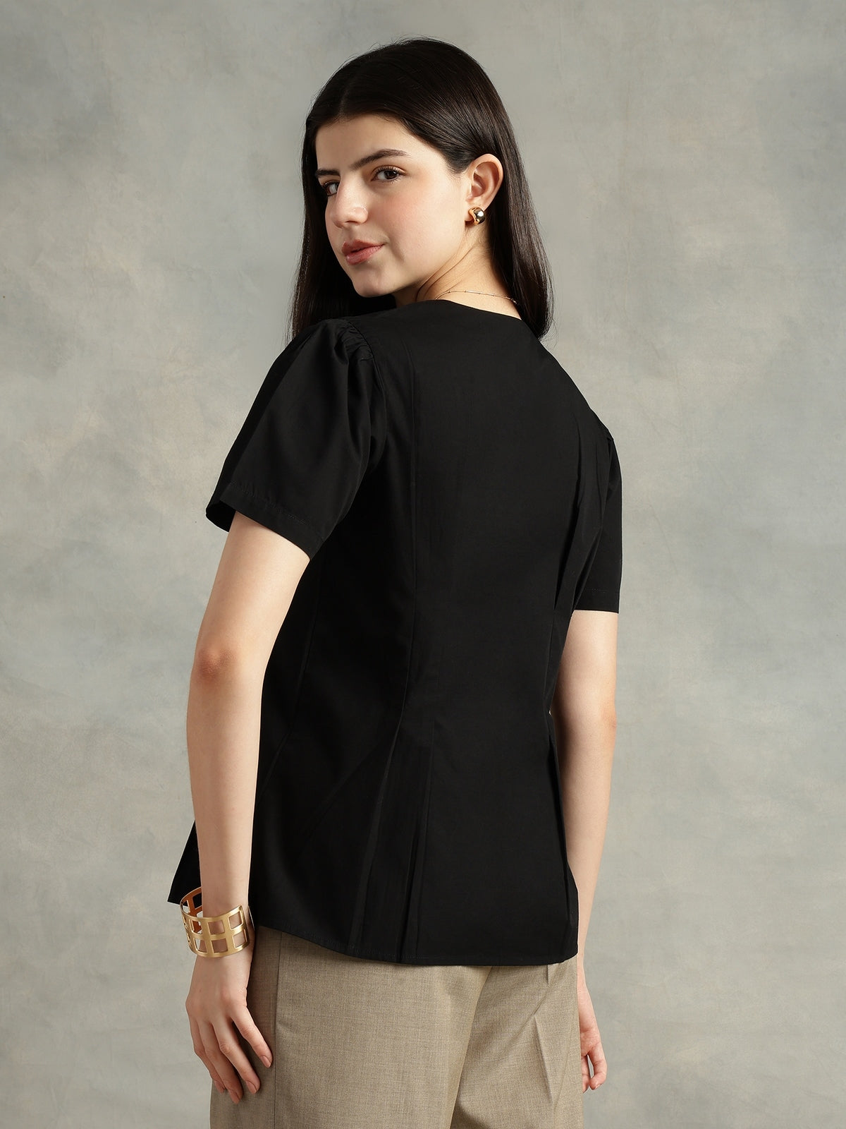 Black Cotton Collarless Short Sleeves Shirt