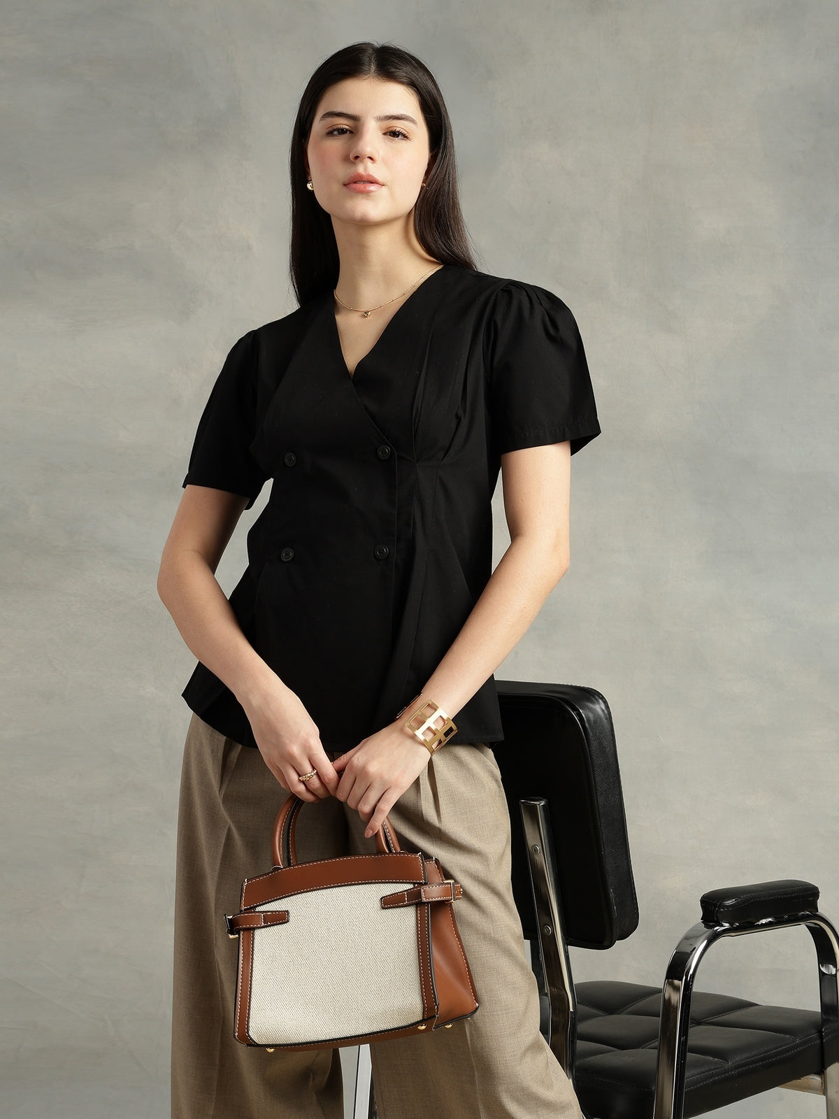 Black Cotton Collarless Short Sleeves Shirt