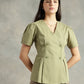 Olive Cotton Collarless Short Sleeves Shirt