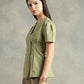 Olive Cotton Collarless Short Sleeves Shirt