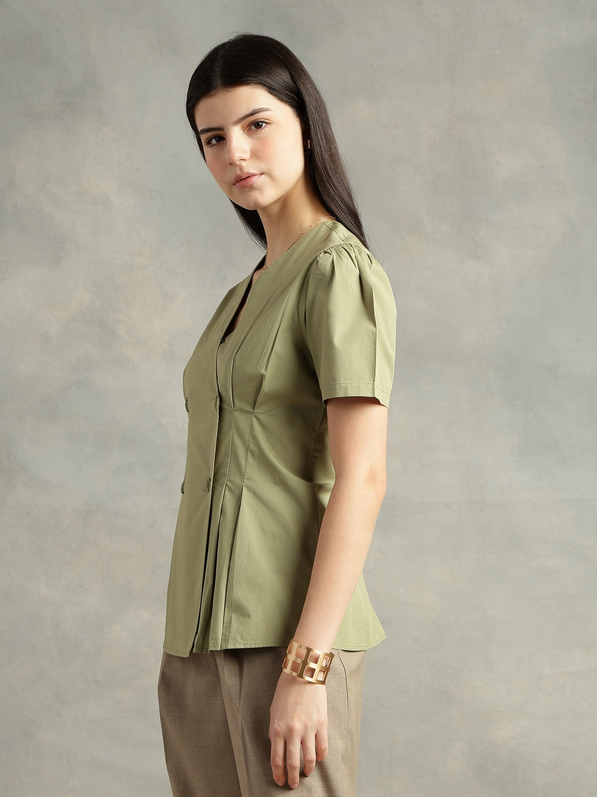 Olive Cotton Collarless Short Sleeves Shirt