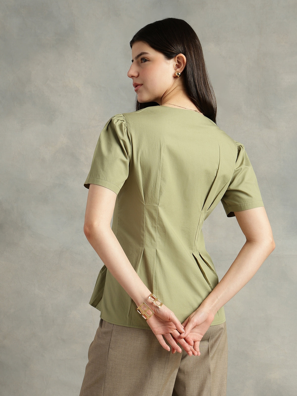 Olive Cotton Collarless Short Sleeves Shirt