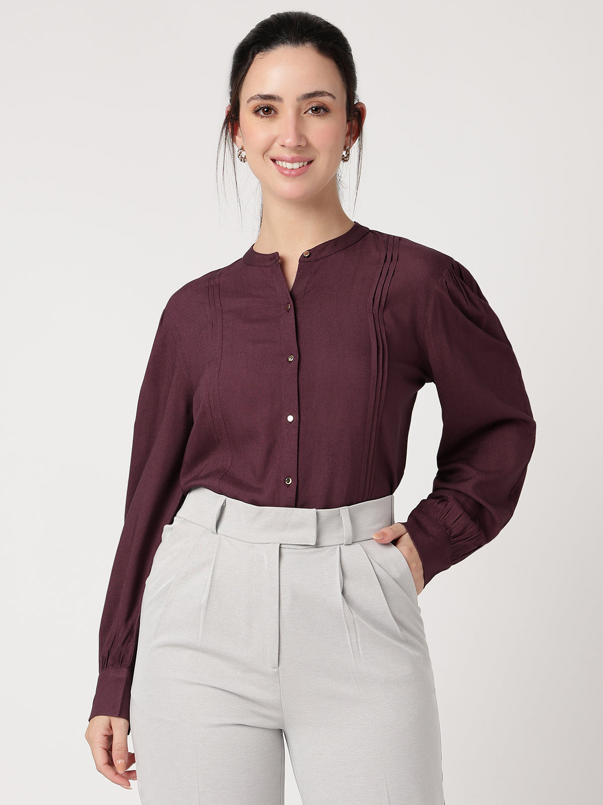 Wine Mandarin Collar Long Sleeves Shirt