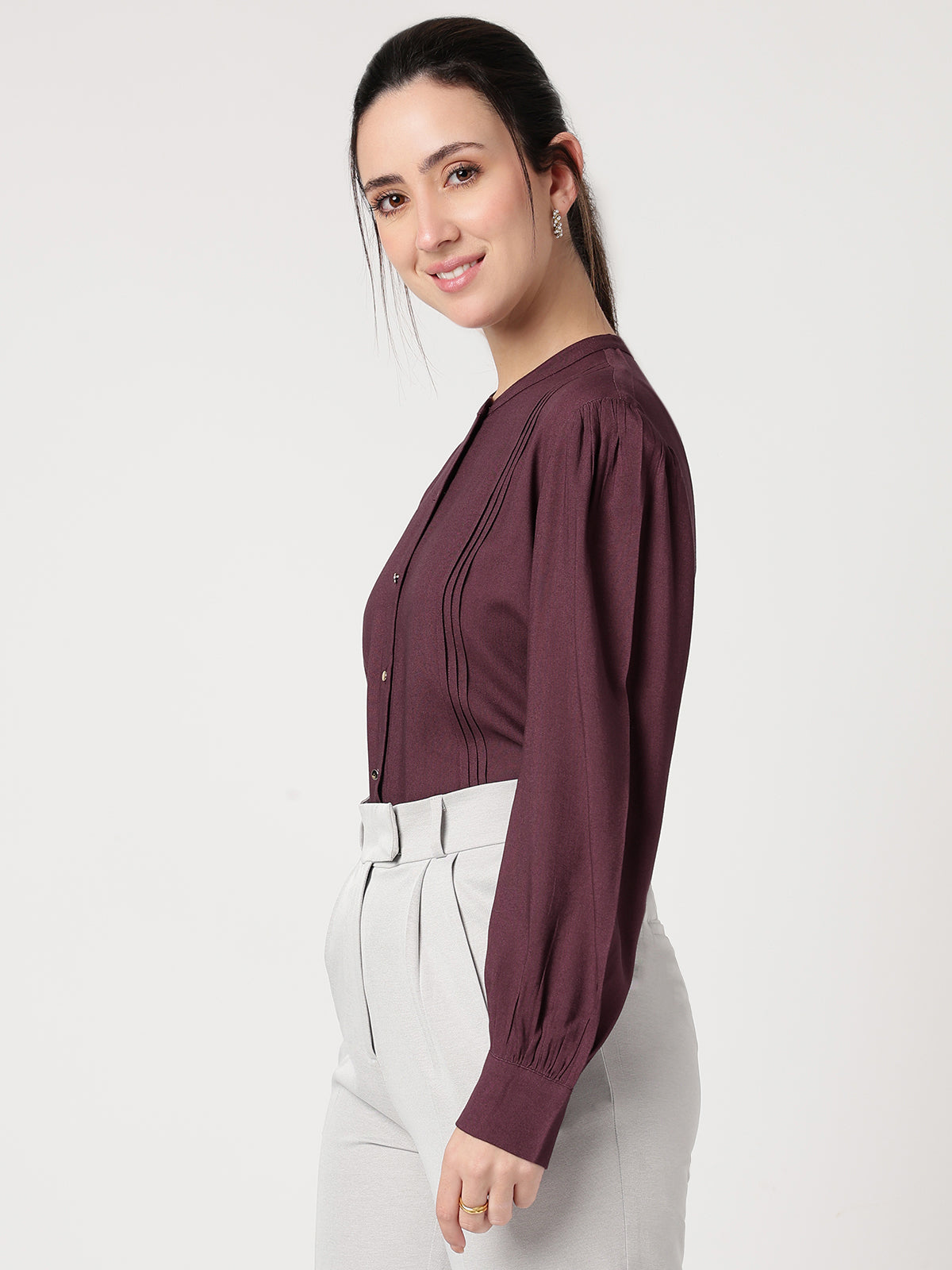 Wine Mandarin Collar Long Sleeves Shirt