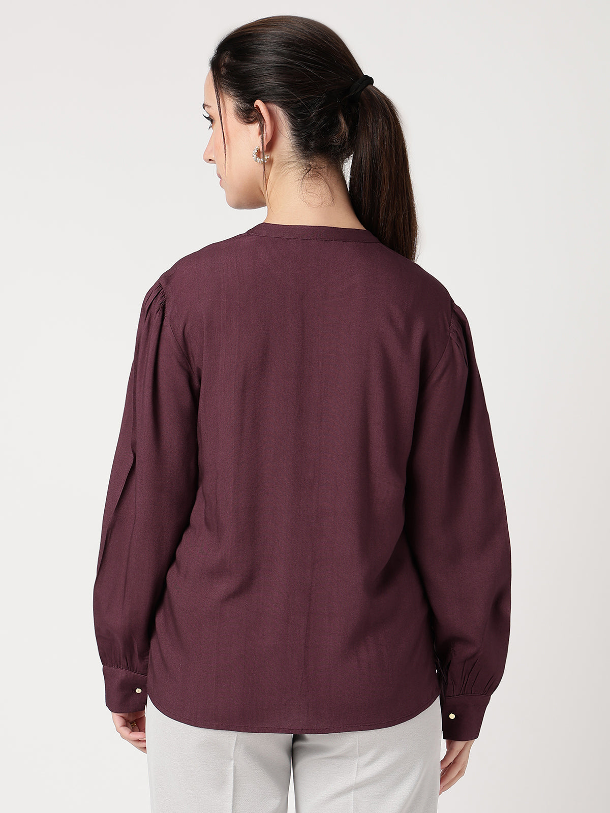 Wine Mandarin Collar Long Sleeves Shirt