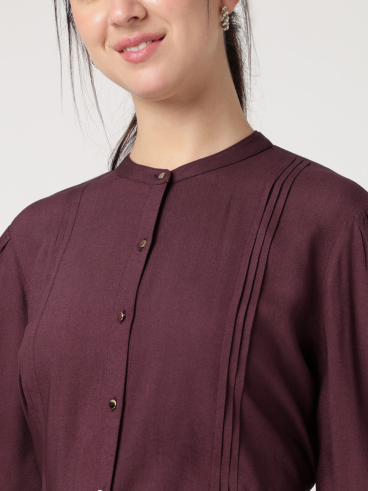 Wine Mandarin Collar Long Sleeves Shirt