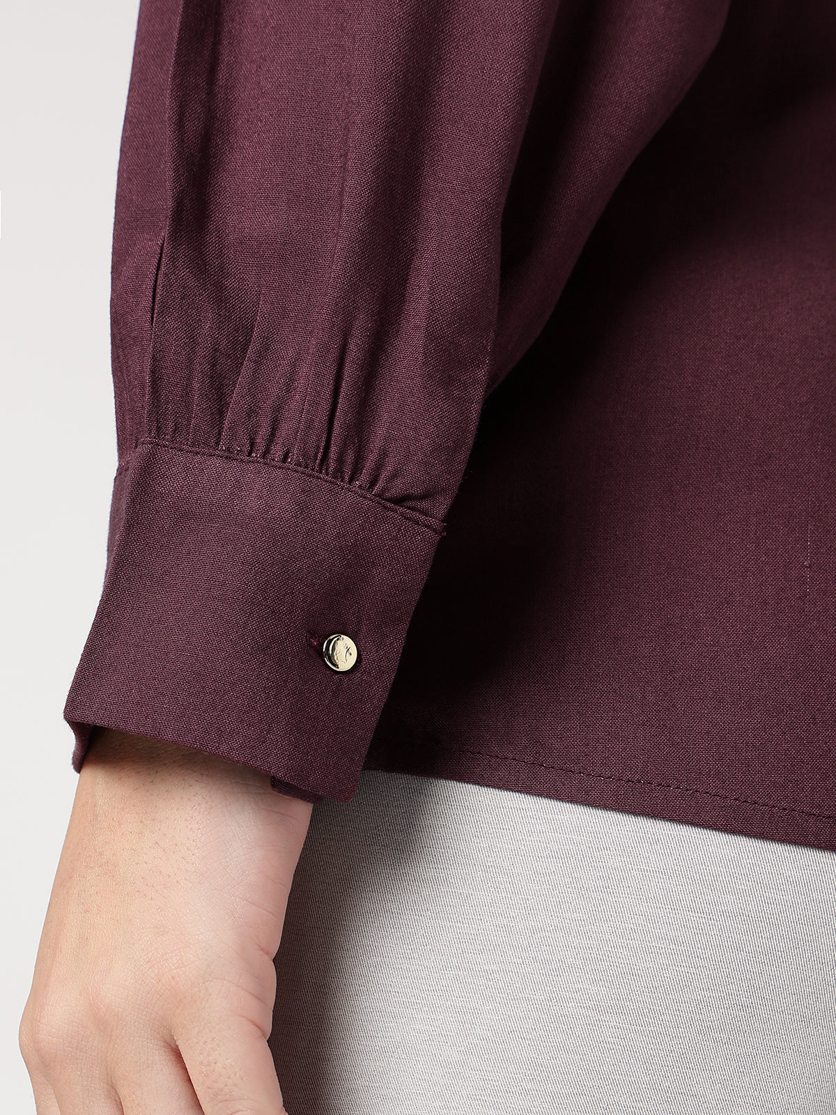 Wine Mandarin Collar Long Sleeves Shirt