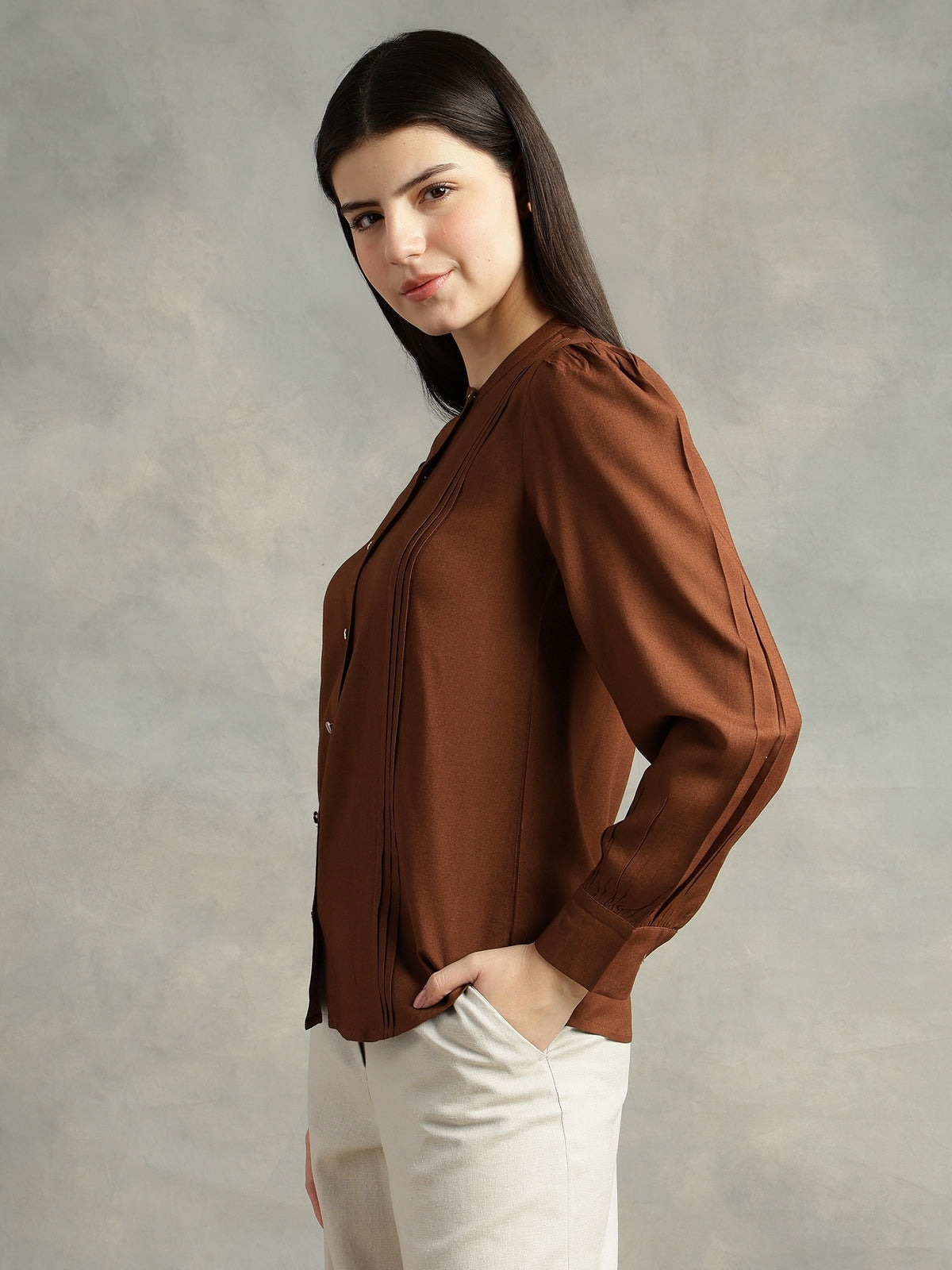 Brown Mandarin Collar Long Sleeves Shirt