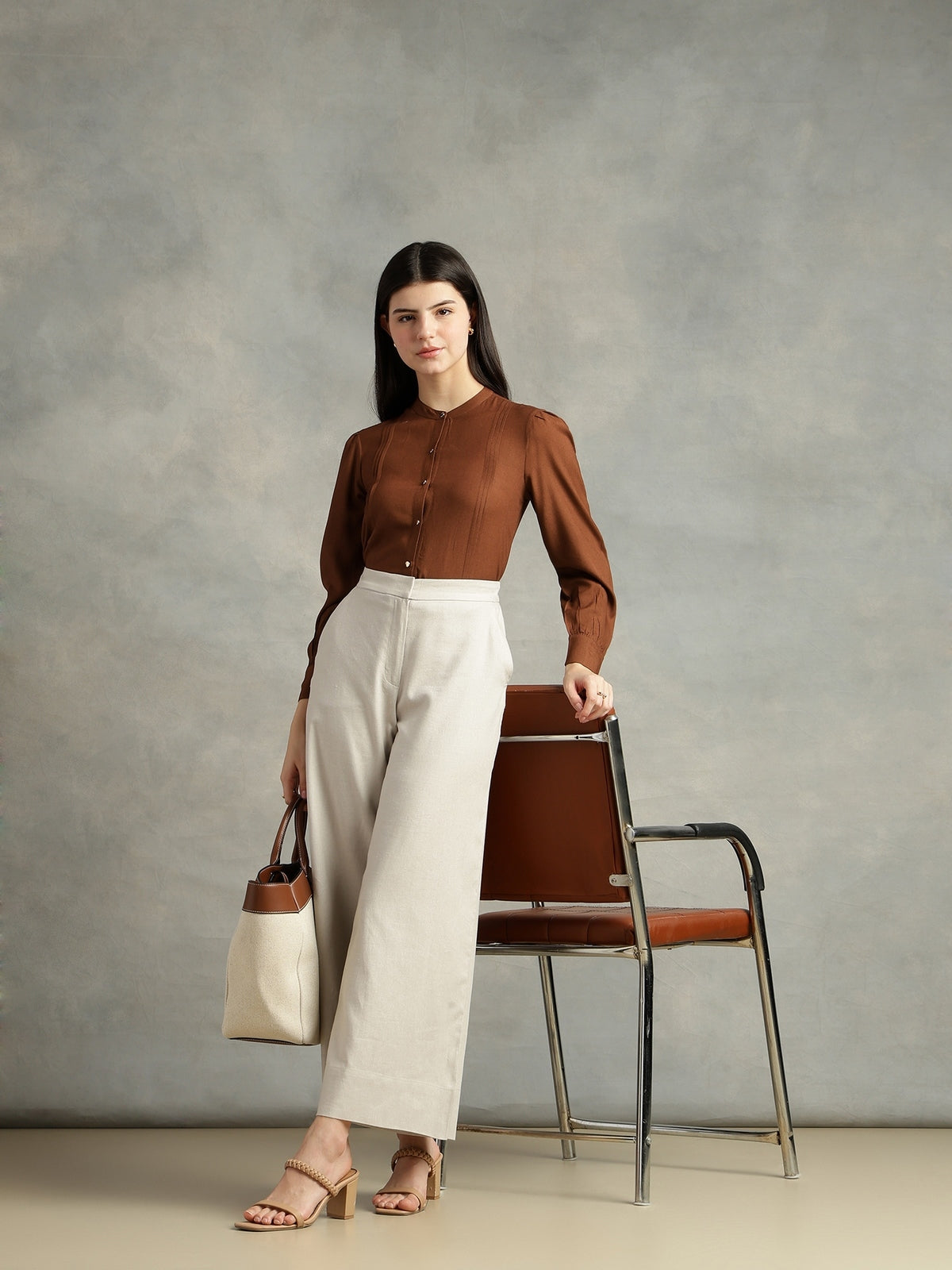 Brown Mandarin Collar Long Sleeves Shirt