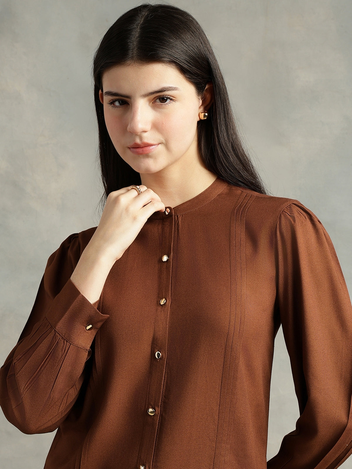 Brown Mandarin Collar Long Sleeves Shirt