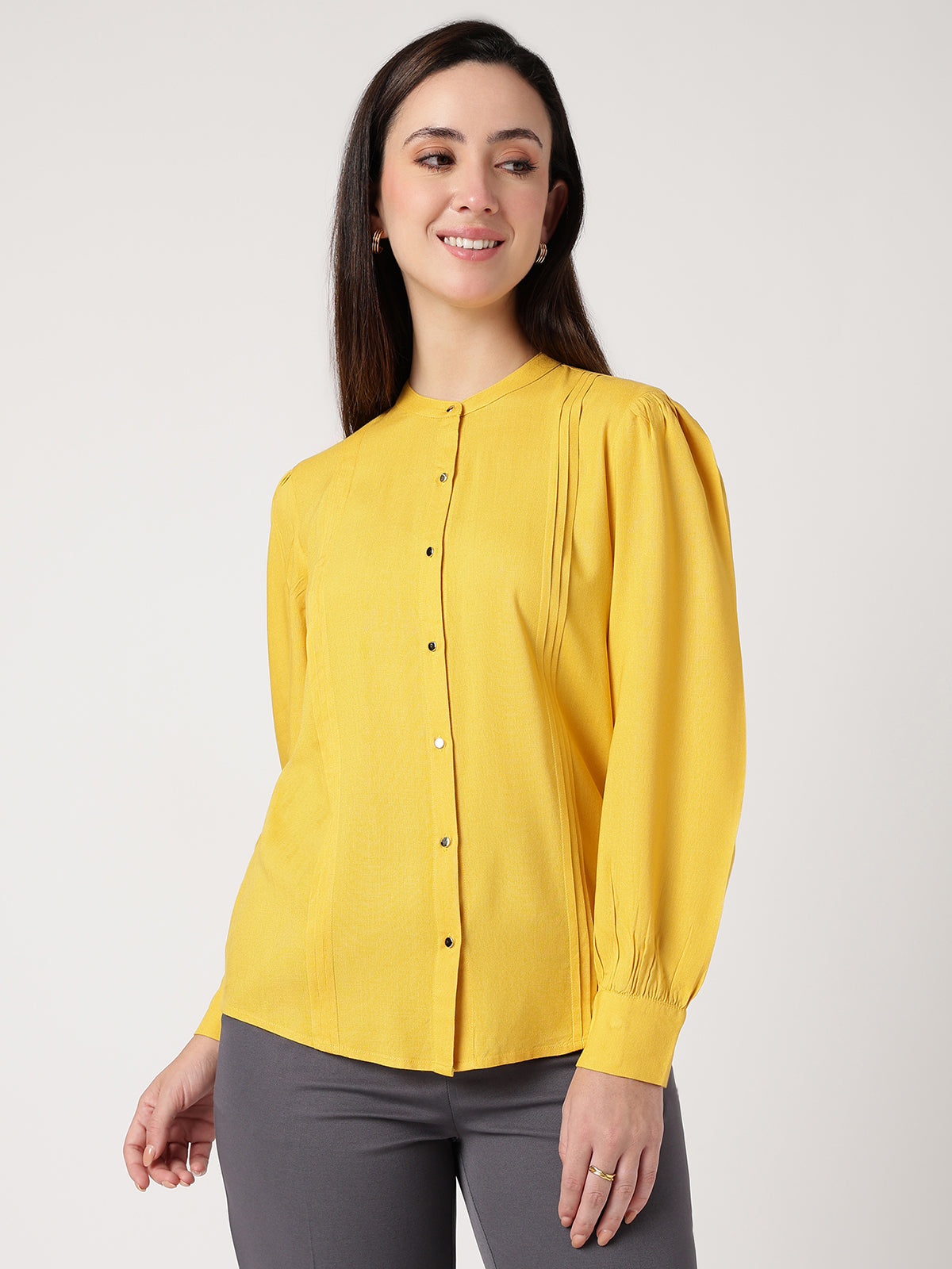 Yellow Mandarin Collar Long Sleeves Shirt
