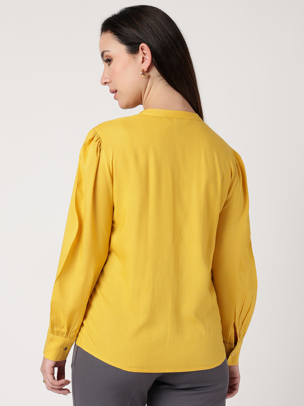 Yellow Mandarin Collar Long Sleeves Shirt