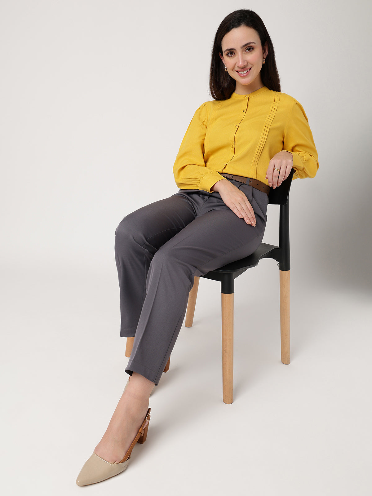 Yellow Mandarin Collar Long Sleeves Shirt