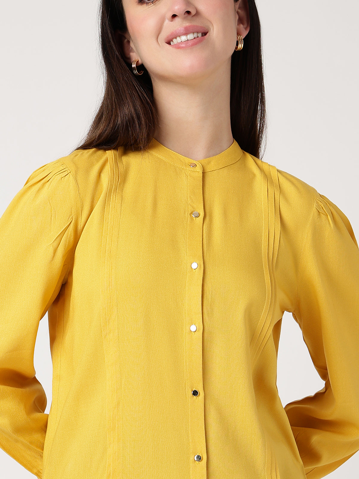 Yellow Mandarin Collar Long Sleeves Shirt