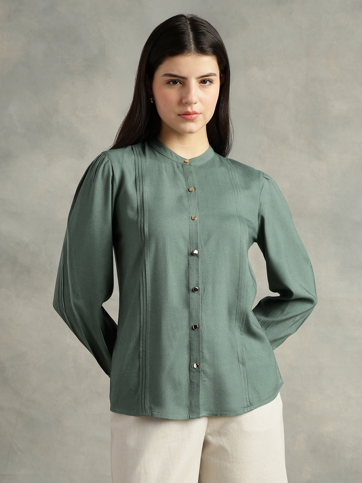Olive Green Mandarin Collar Long Sleeves Shirt
