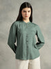 Olive Green Mandarin Collar Long Sleeves Shirt