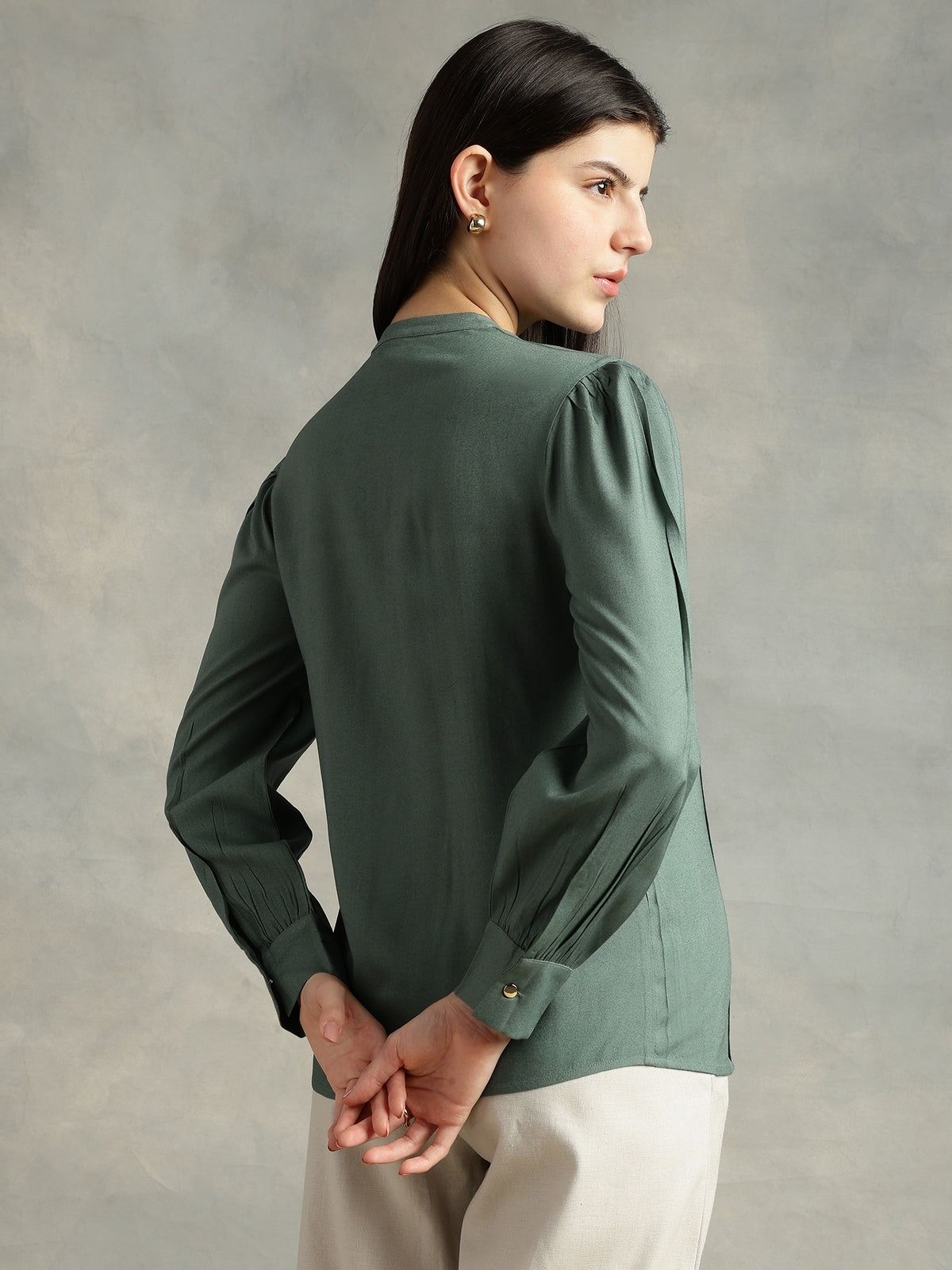 Olive Green Mandarin Collar Long Sleeves Shirt