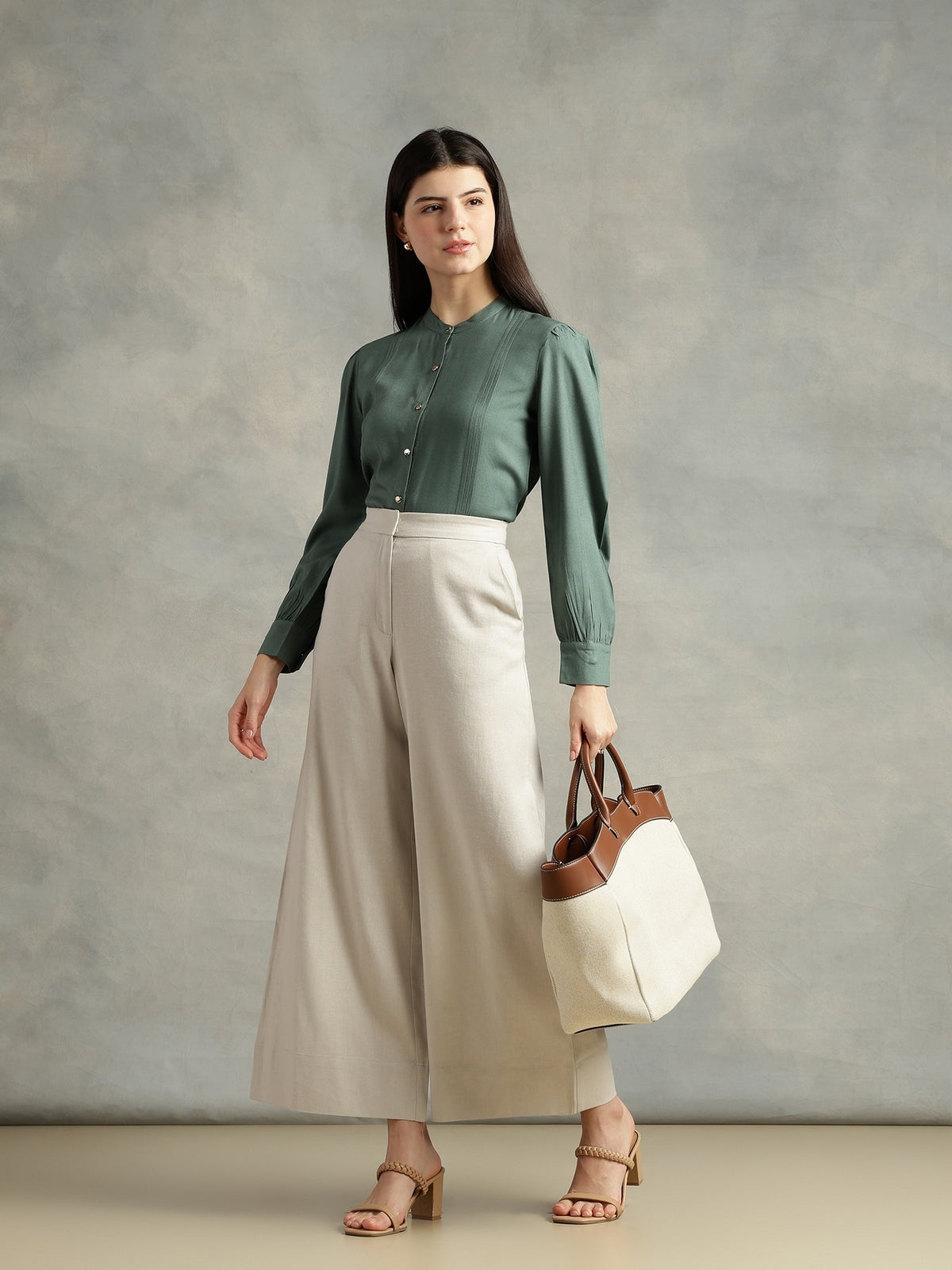 Olive Green Mandarin Collar Long Sleeves Shirt