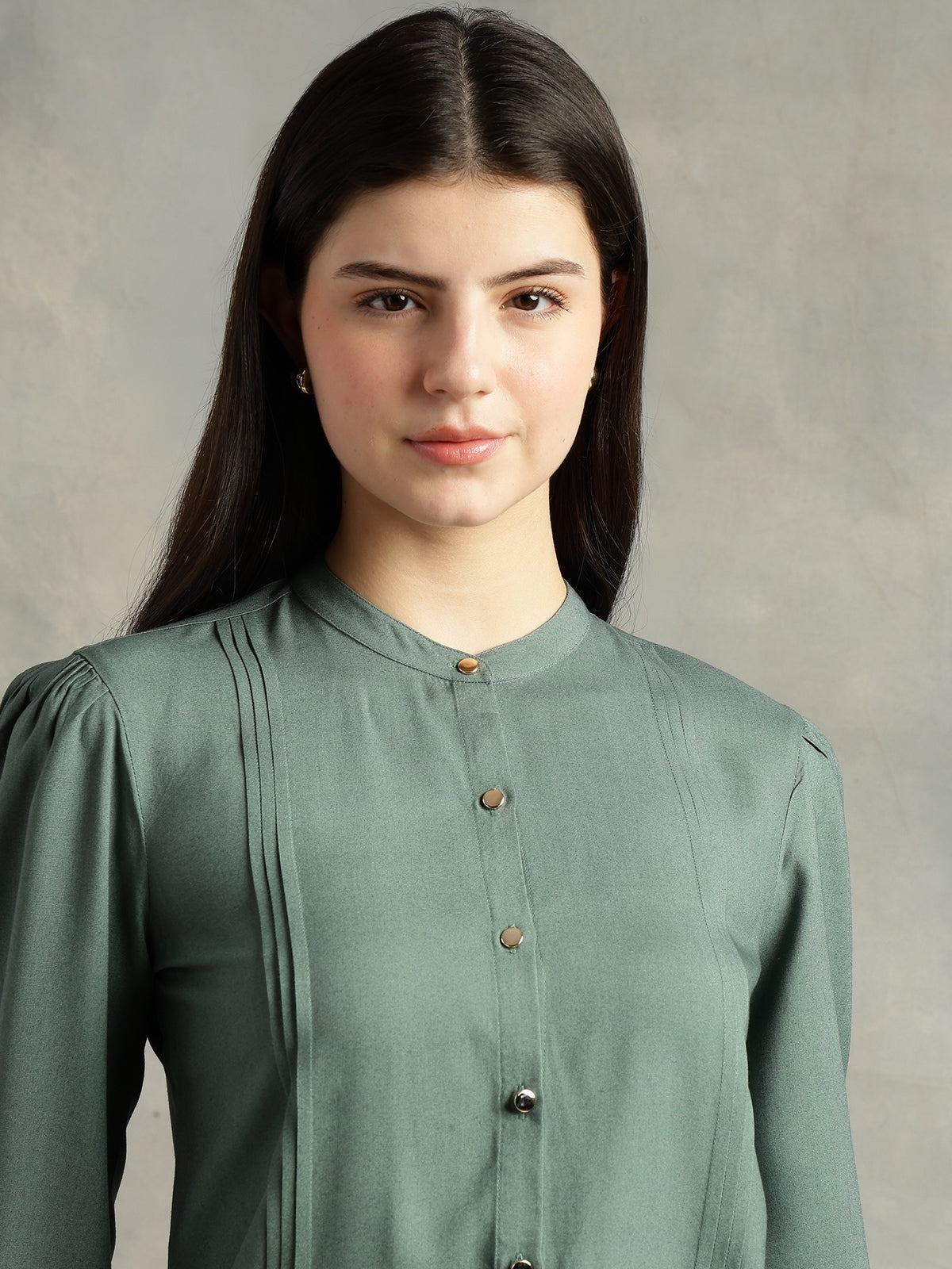 Olive Green Mandarin Collar Long Sleeves Shirt