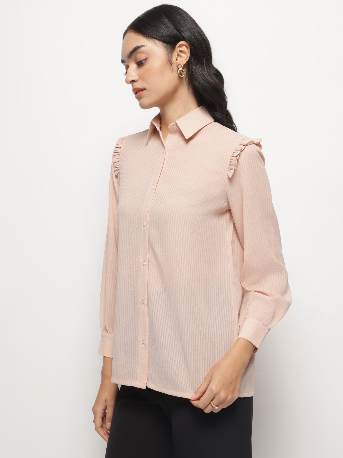 Peach Ruffle Shoulder Semi Sheer Shirt