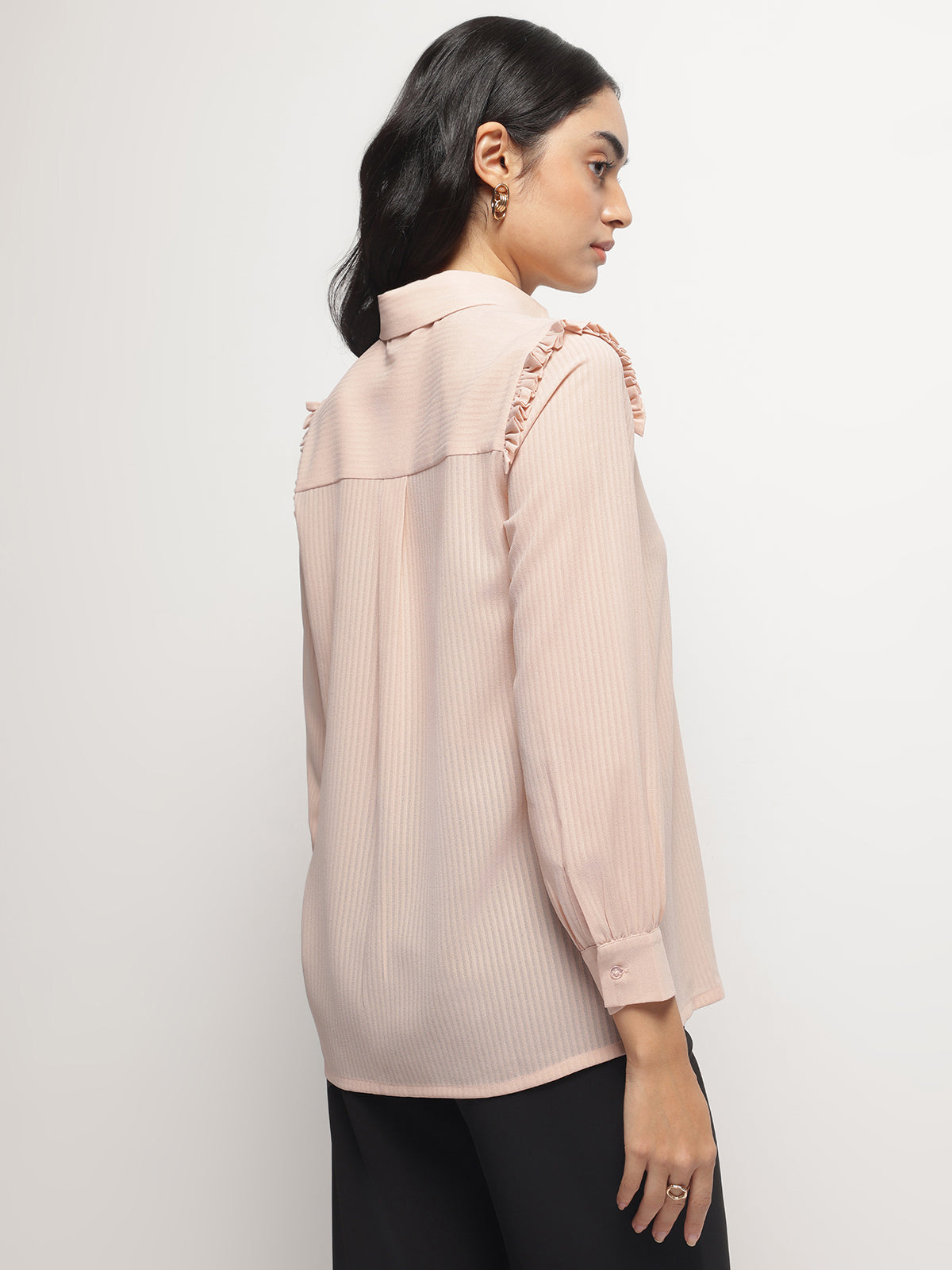 Peach Ruffle Shoulder Semi Sheer Shirt