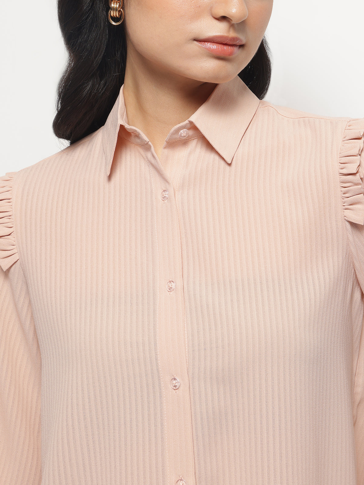 Peach Ruffle Shoulder Semi Sheer Shirt