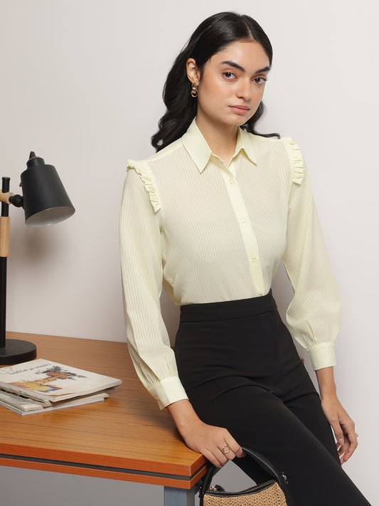 Yellow Ruffle Shoulder Semi Sheer Shirt