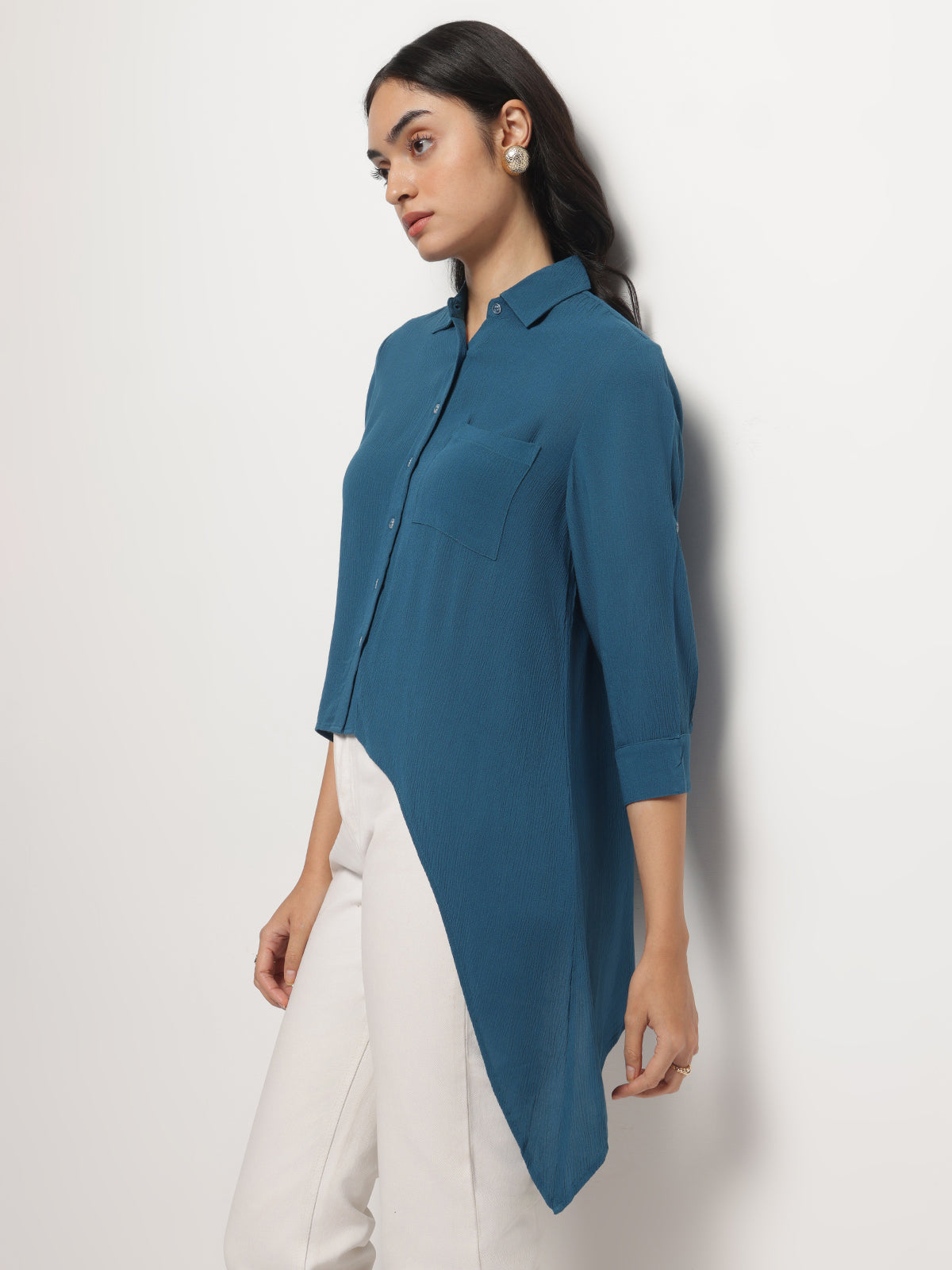 Teal Crinkle Asymmetrical Shirt