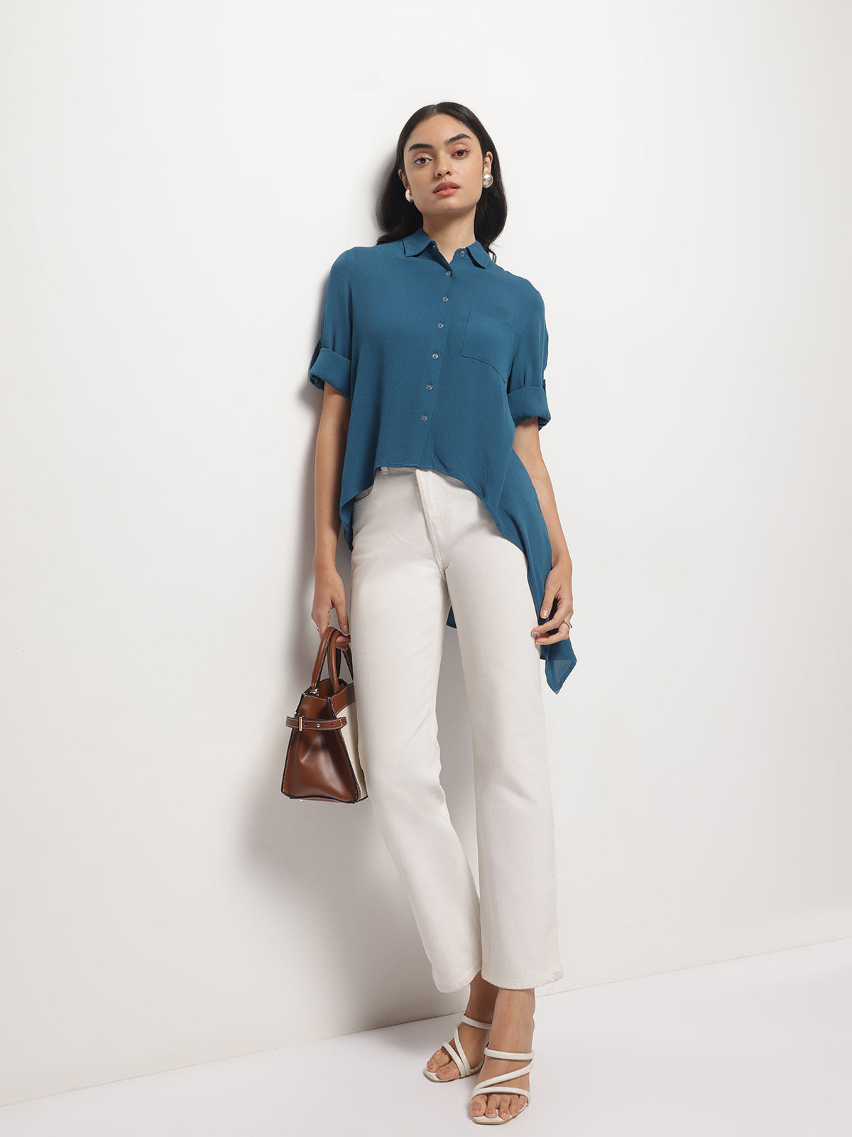 Teal Crinkle Asymmetrical Shirt