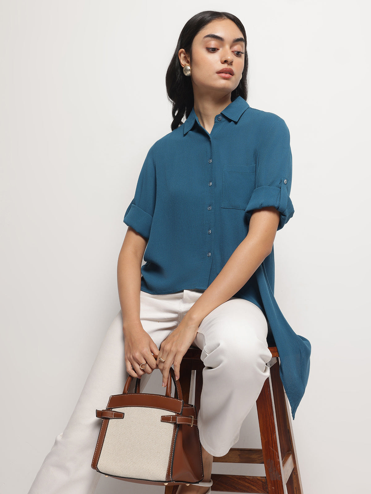 Teal Crinkle Asymmetrical Shirt