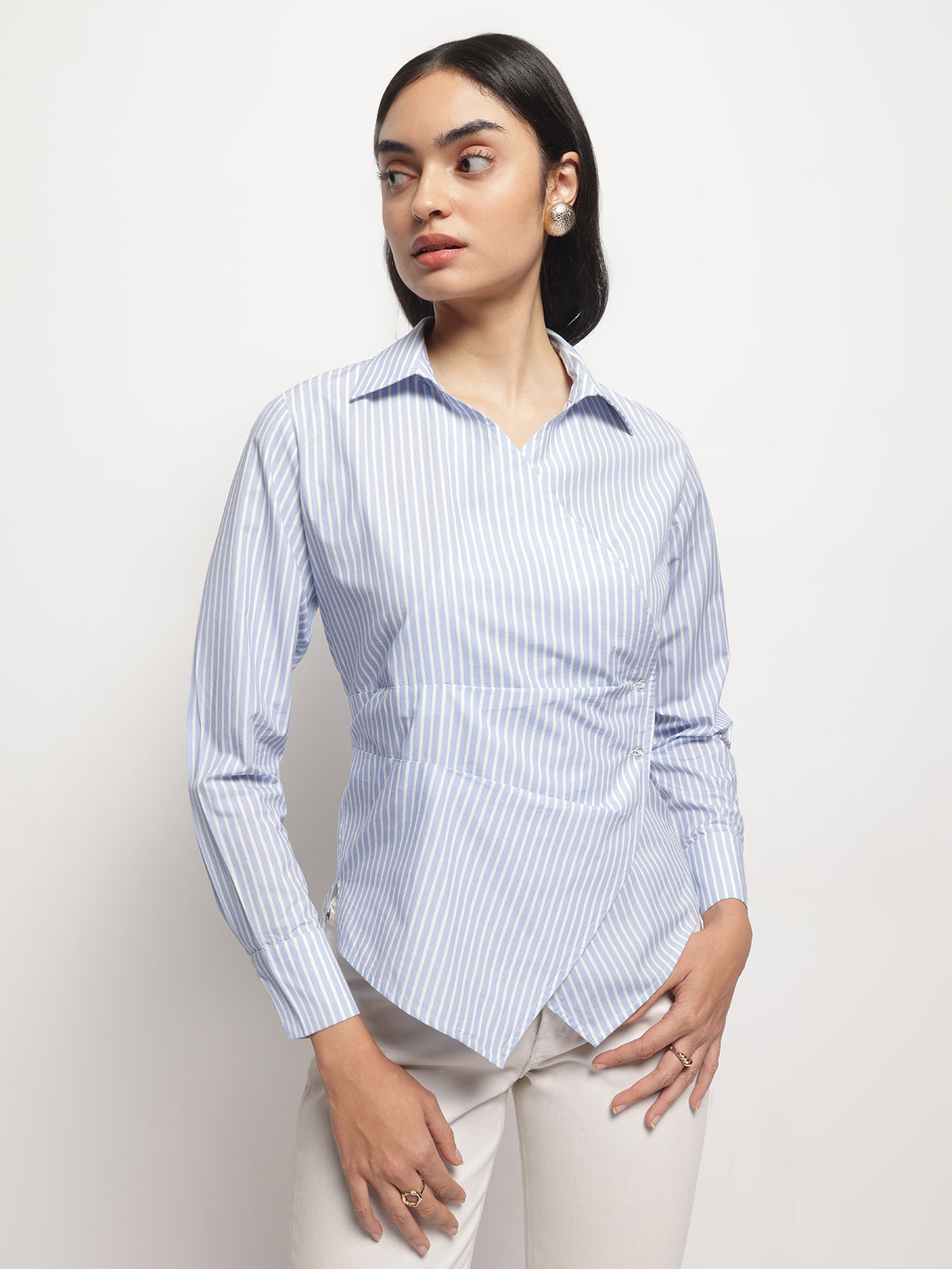 Blue Slimming Stripe Long Sleeves Wrap Shirt