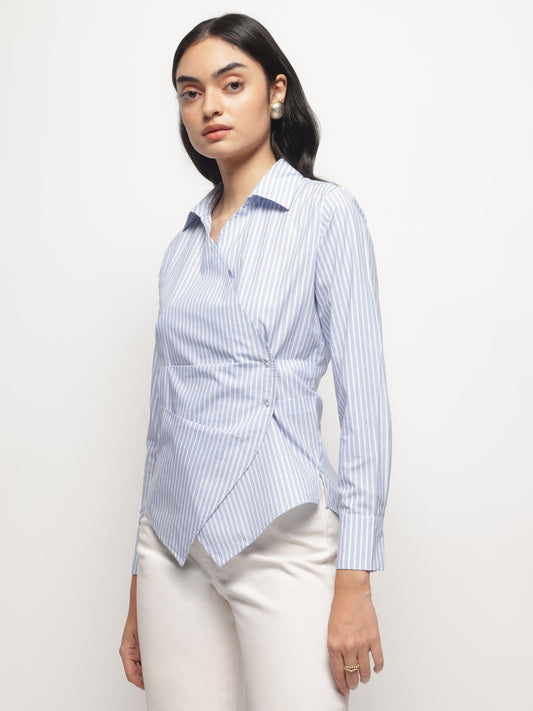 Blue Slimming Stripe Long Sleeves Wrap Shirt