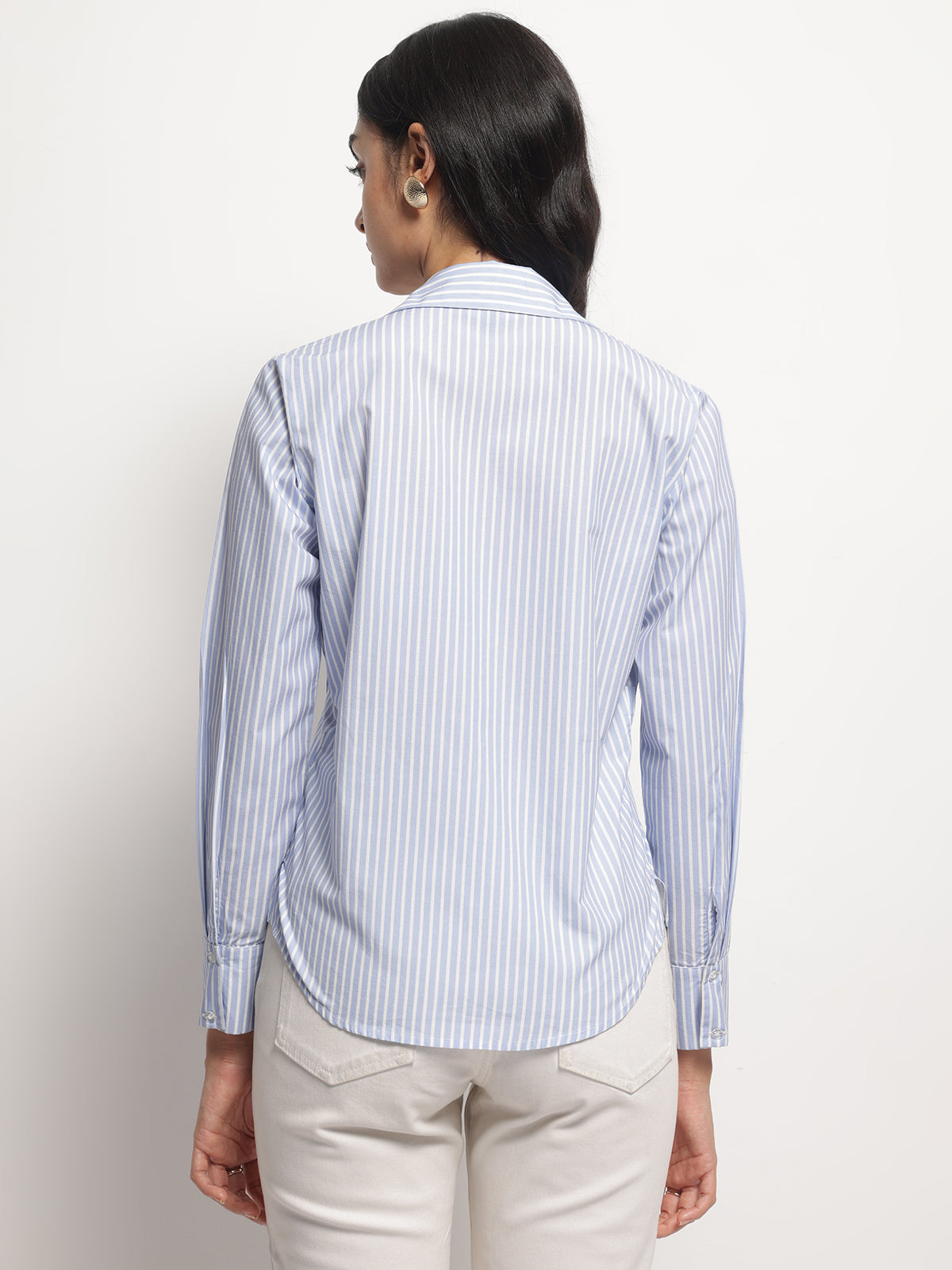 Blue Slimming Stripe Long Sleeves Wrap Shirt