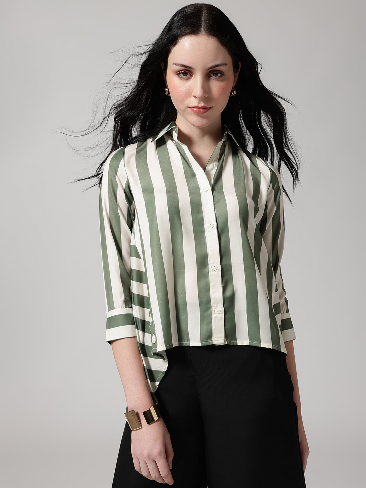 Olive Green & White Vertical Striped Shirt with High-Low Hem