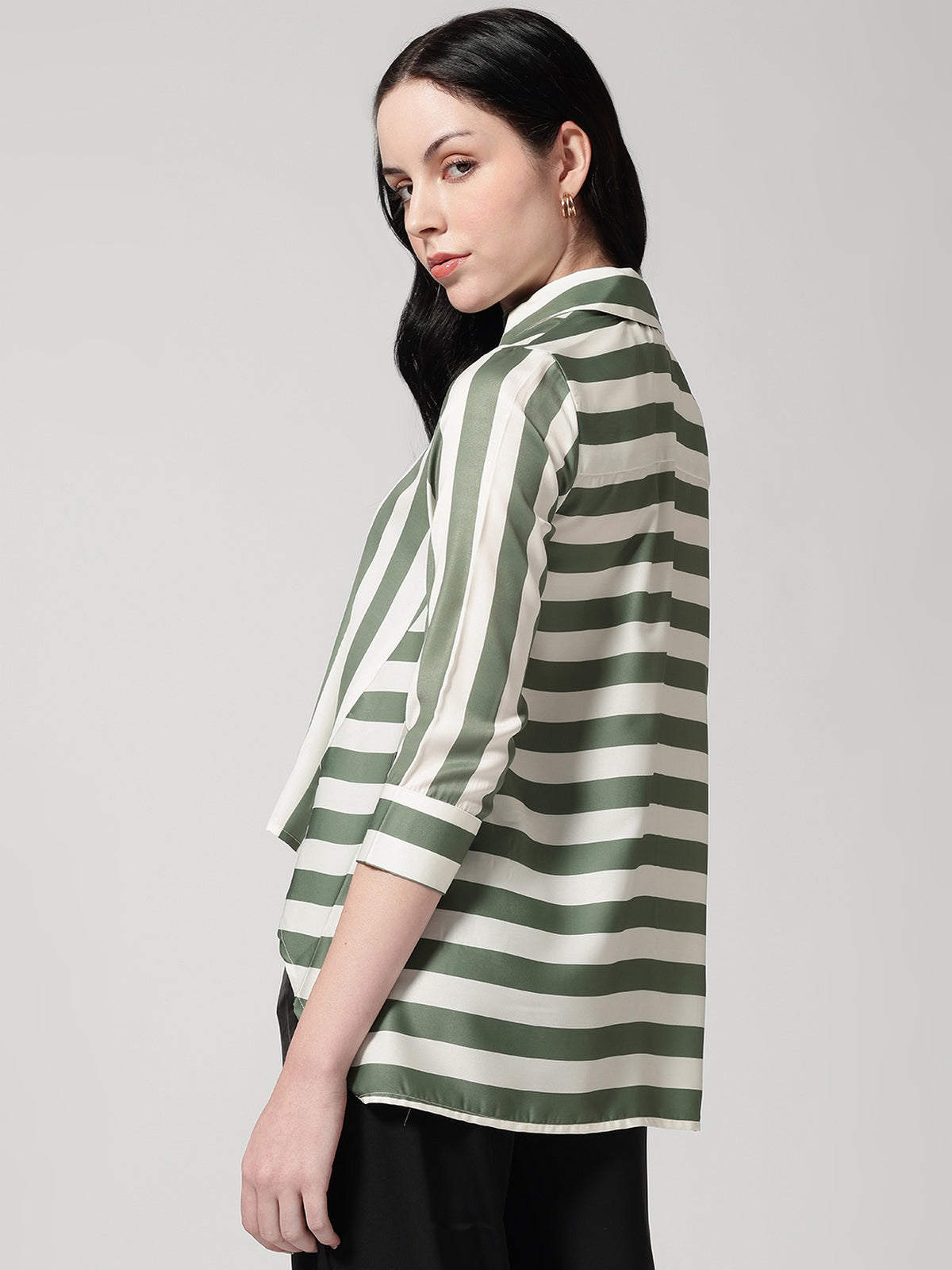 Olive Green & White Vertical Striped Shirt with High-Low Hem