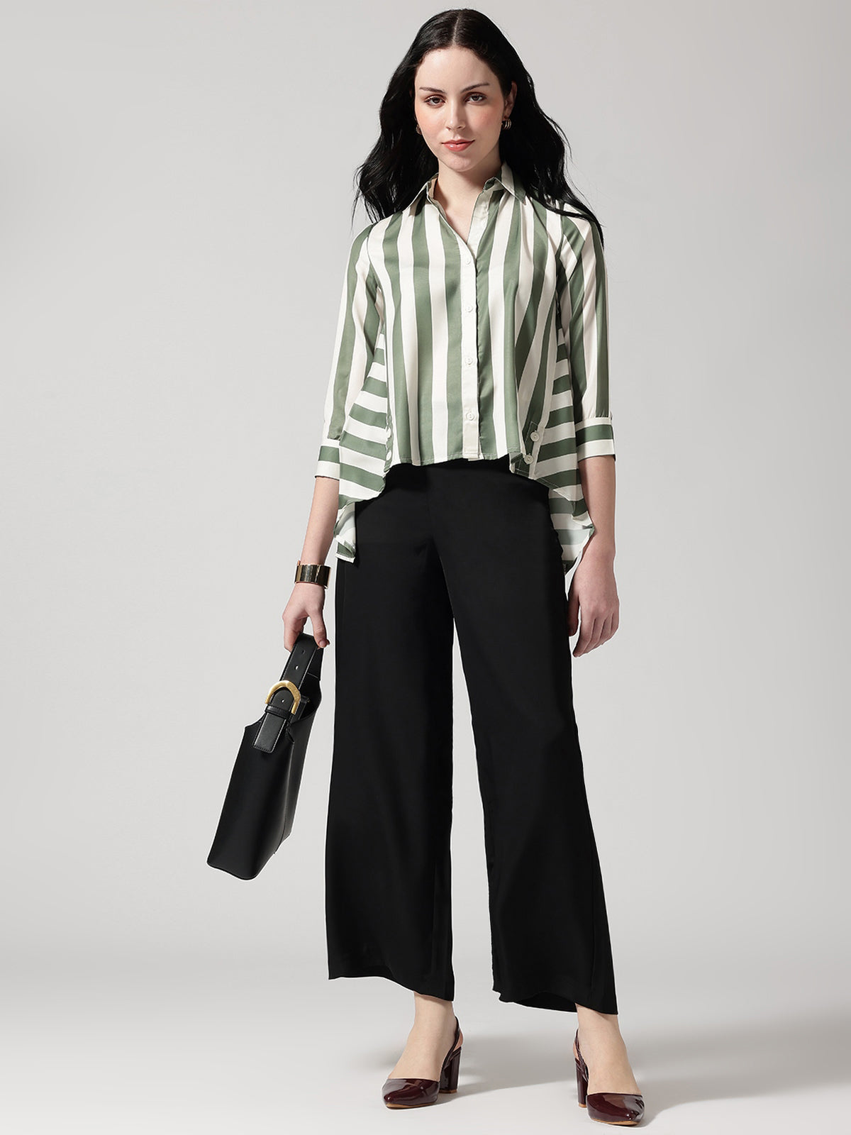 Olive Green & White Vertical Striped Shirt with High-Low Hem