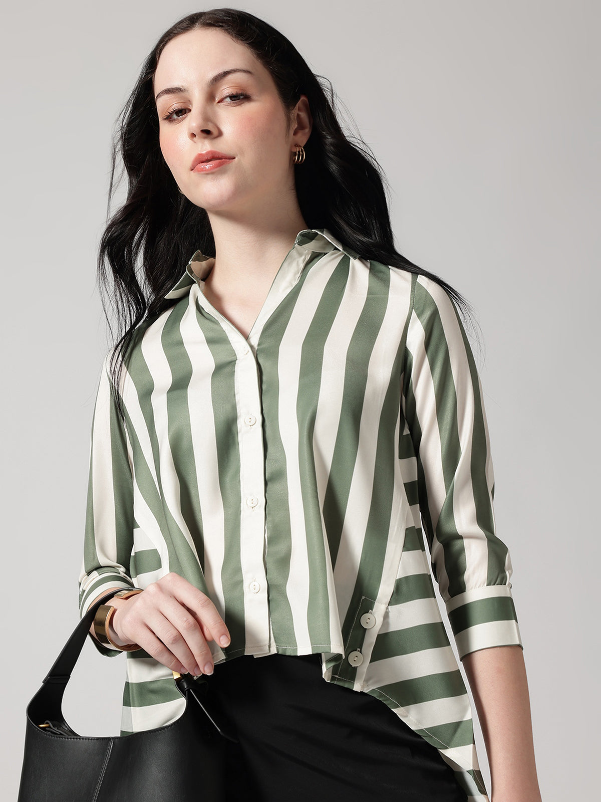 Olive Green & White Vertical Striped Shirt with High-Low Hem