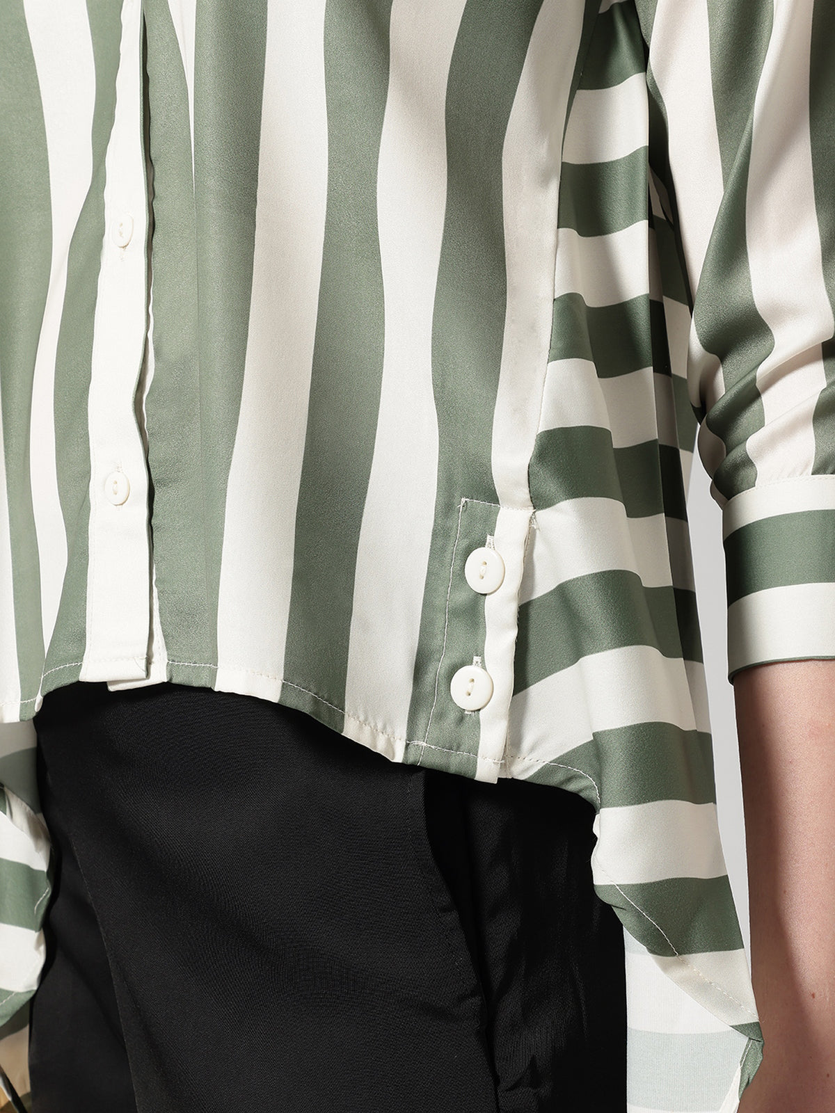 Olive Green & White Vertical Striped Shirt with High-Low Hem