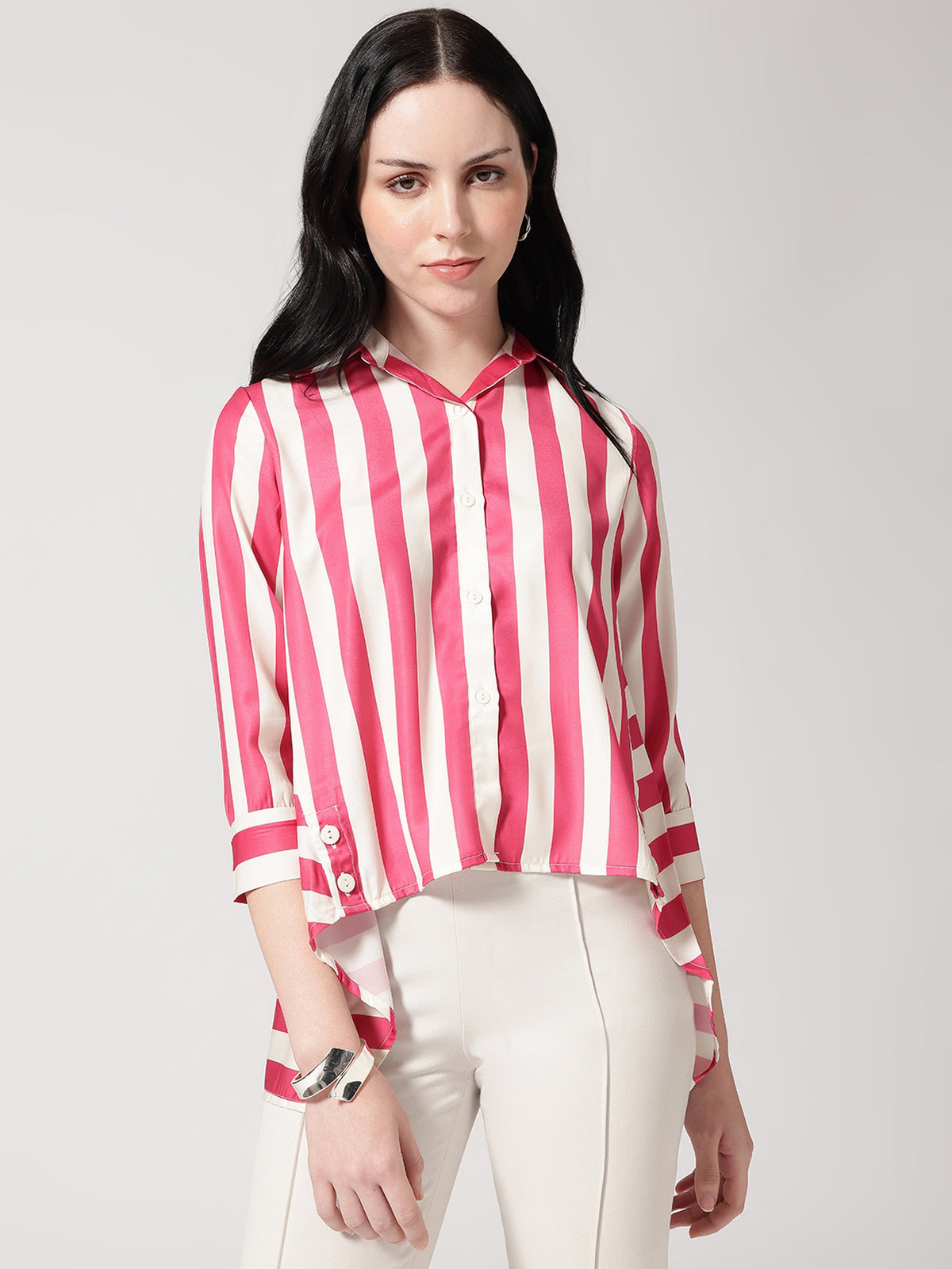 Pink & White Vertical Striped Shirt with High-Low Hem