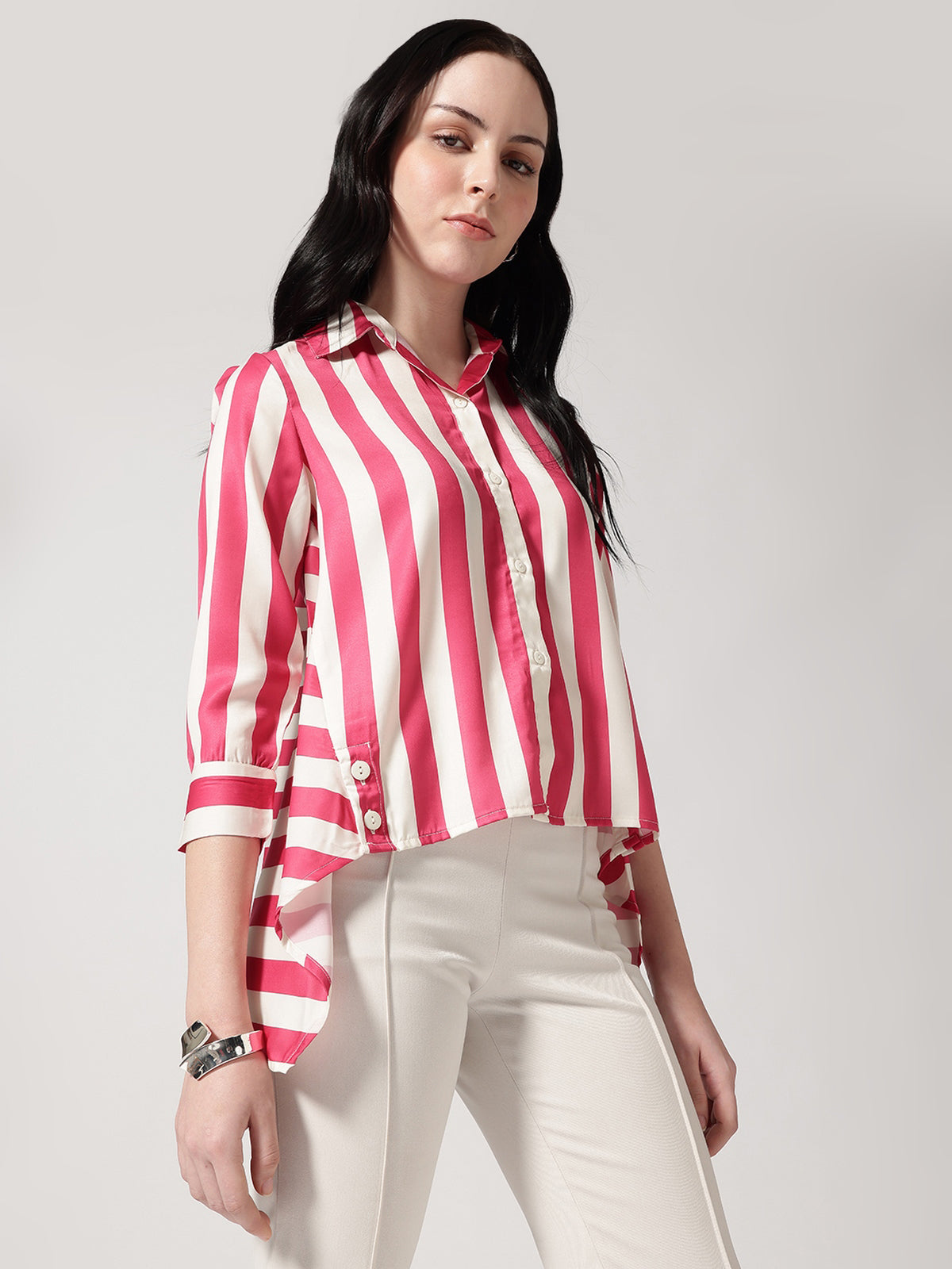 Pink & White Vertical Striped Shirt with High-Low Hem
