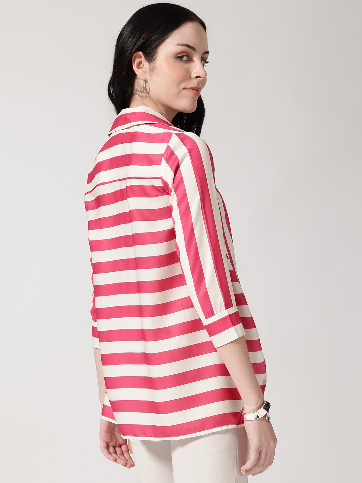 Pink & White Vertical Striped Shirt with High-Low Hem